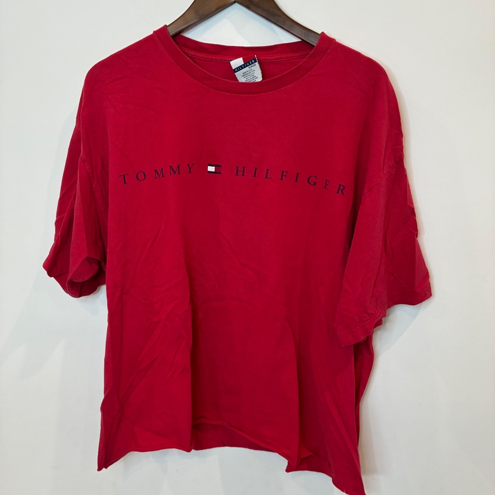 Vintage Tommy Hilfiger Spellout T-Shirt Red Made in USA Cropped XL